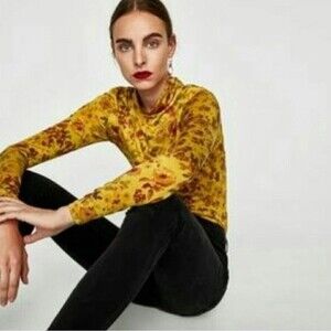 Zara Mustard Yellow Silky Romantic Floral High Collar Long Sleeve Top Size S